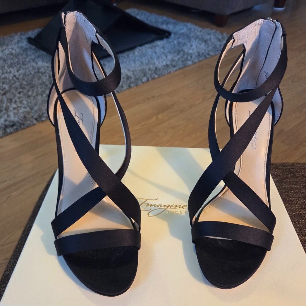 Vince Camuto IM-Devin Black Satin Strappy Heels | Size 8.5 | New in Box
